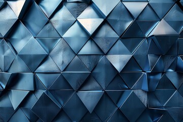 A reflective geometric pattern with 3D triangular shapes in various shades of blue, creating a cool ambiance