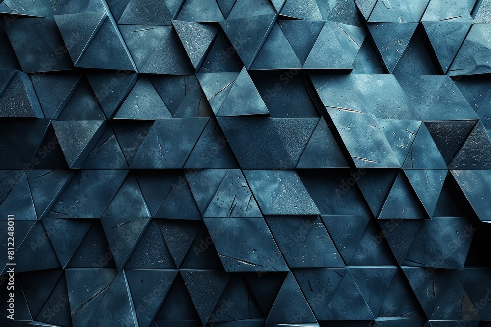 Poster an abstract image showcasing a geometric pattern with various shades of blue and textured surfaces f