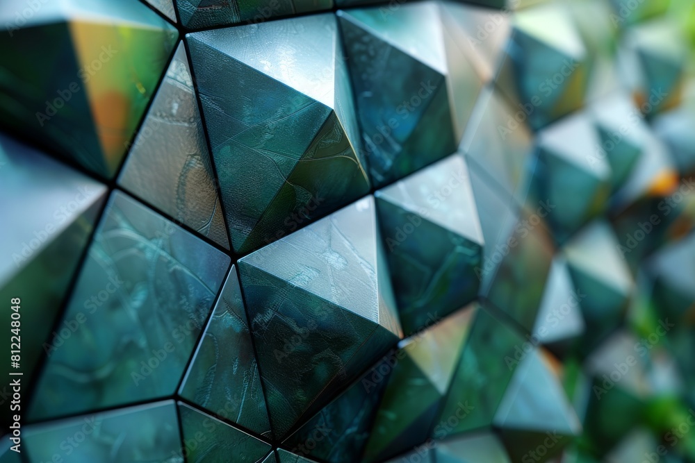 Poster dynamic image of a green and blue geometric structure with an intricate pattern conveying motion and
