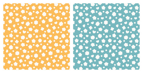 Yellow and Turquoise Dots Patterns Vector Set. Seamless Baby Backgrounds with Clouds, Flowers, Hearts and Dots. Childish Print Hand drawing. Vector illustration.