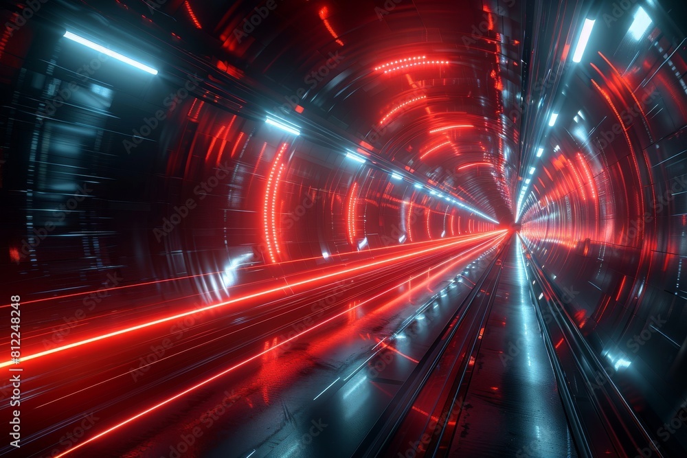 Poster dynamic image of a sci-fi tunnel illuminated by red and white lights suggesting high speed and futur