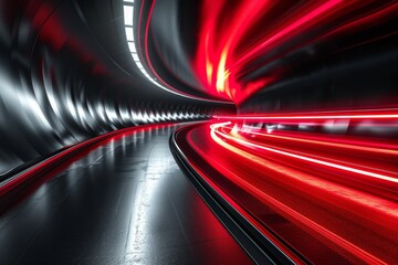 Photo showcasing a tunnel bathed in red neon lights, giving an impression of motion and future tech