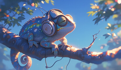 colorful chameleon with headphones on, listening to music, background bokeh lights, colorful, happy mood
