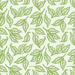 Green Leaves. Floral Seamless Pattern. Outline Leaf Hand drawn. Vector illustration.