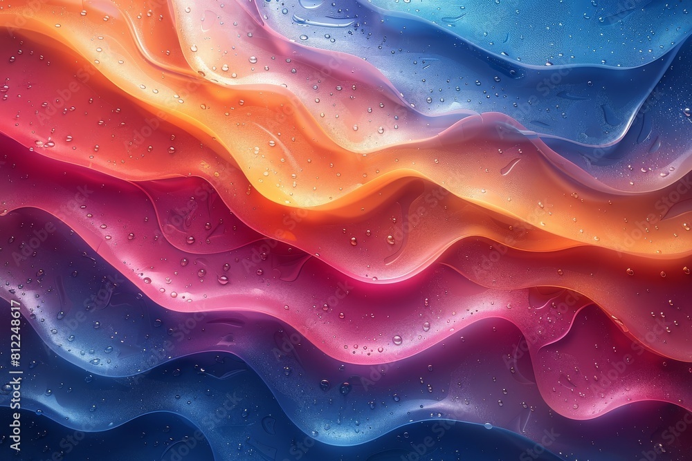 Poster stylized image of undulating waves with a blend of vibrant colors and a smooth, shiny surface depict