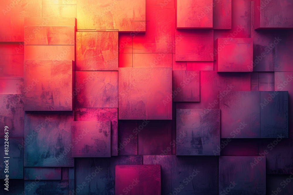 Poster a dynamic geometric image with interlocking blocks in various shades of pink and red