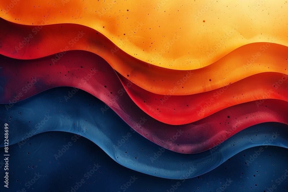 Poster colorful abstract design with flowing wavy layers and a dotted texture in warm and cool hues