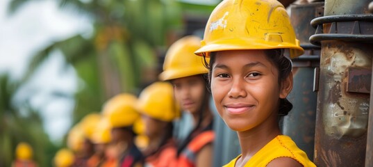 Latinx engineer team of young professionals in hard hats collaborating on a project