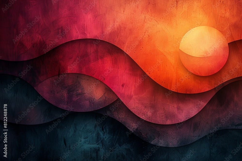 Poster captivating abstract design with textured waves in warm tones, featuring a glowing sphere resembling