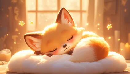Naklejka premium Cute baby fox sleeping on a white cloud with stars in the sky, in a fluffy and cuddly style