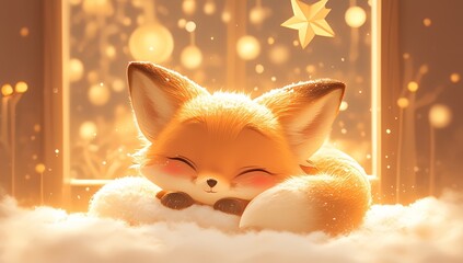 Naklejka premium Cute baby fox sleeping on a white cloud with stars in the sky, in a fluffy and cuddly style