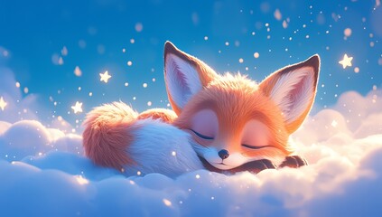 Naklejka premium Cute baby fox sleeping on the cloud, surrounded stars