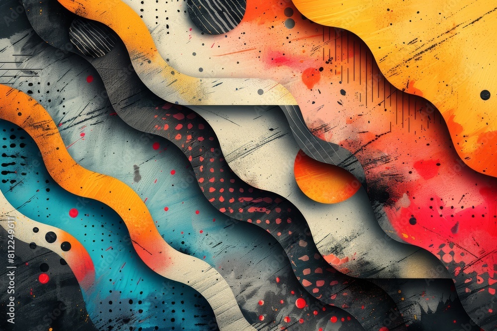 Poster a textured abstract piece blending wavy shapes with splatter and grunge elements against a dark back