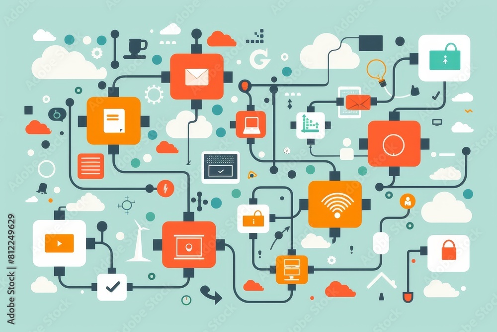 Poster infographic connecting devices to cloud storage for home computing and online contact