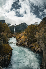 Waterfall in the mountains, near Briksdalsbreen, Norway