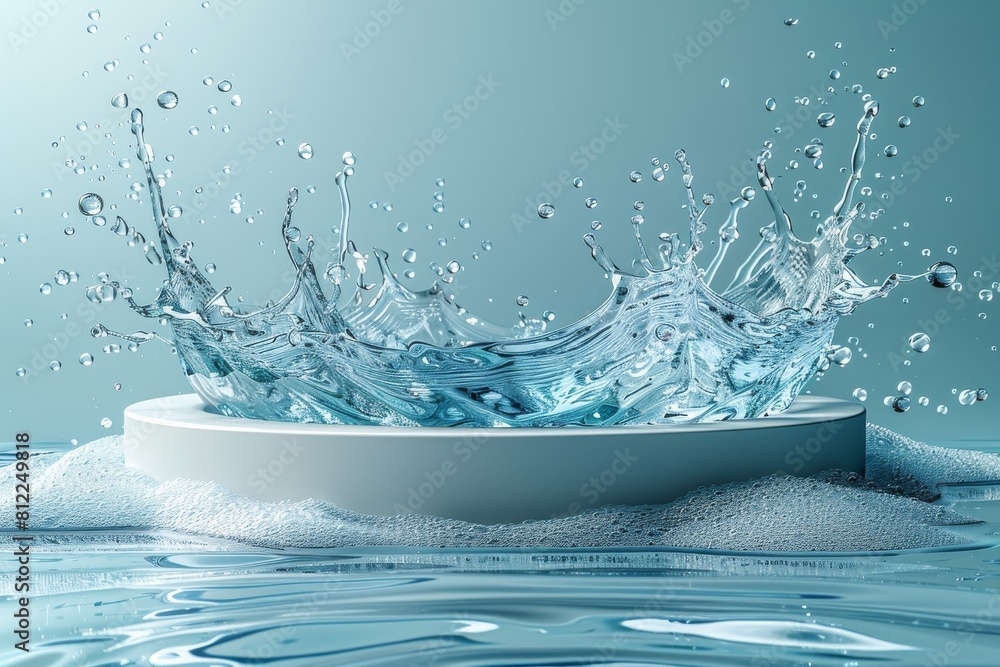 Poster a high-speed capture of a clear water splash creating a dynamic and refreshing look atop a white rou