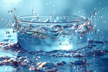 Image showcasing a stunning water splash creating circular waves and floating bubbles, set against a light blue background for a refreshing vibe
