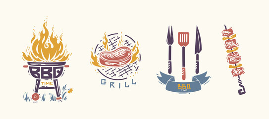 BBQ Party Time Vector Set. Grill Barbecue Food. Grilled Meat Steak. Portable Charcoal Grill with Fire Flame. Kebab or Shashlik. Ribbon Banner with Barbecue Fork, Spatula, Knife. Vector illustration.