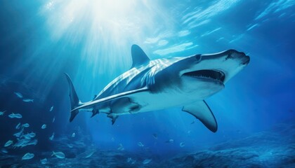 Obraz premium Great White Shark in the ocean, portrait of White shark hunting prey in the underwater