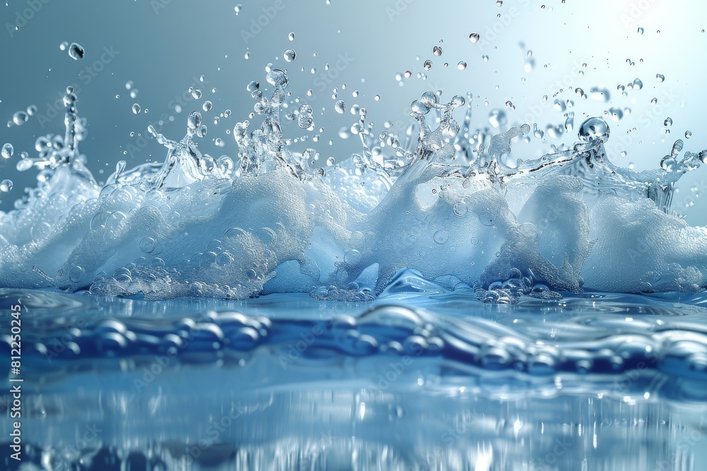 Poster wide-angle shot showing a large splash of water with intricate bubble details on a blue background