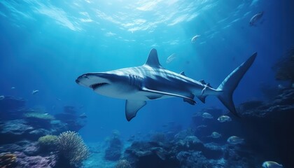 Fototapeta premium Great White Shark in the ocean, portrait of White shark hunting prey in the underwater