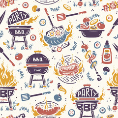BBQ Party Time. Seamless Food Pattern of Portable Charcoal Grill and Barbecue Meat and Vegetable. Meat Kebab or Shashlik and Barbeque Vegetable Skewer. Hand drawing. Vector illustration