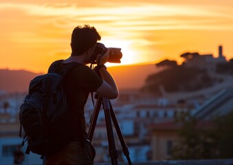 Male Photographer Capturing Sunset in City with DSLR on Tripod