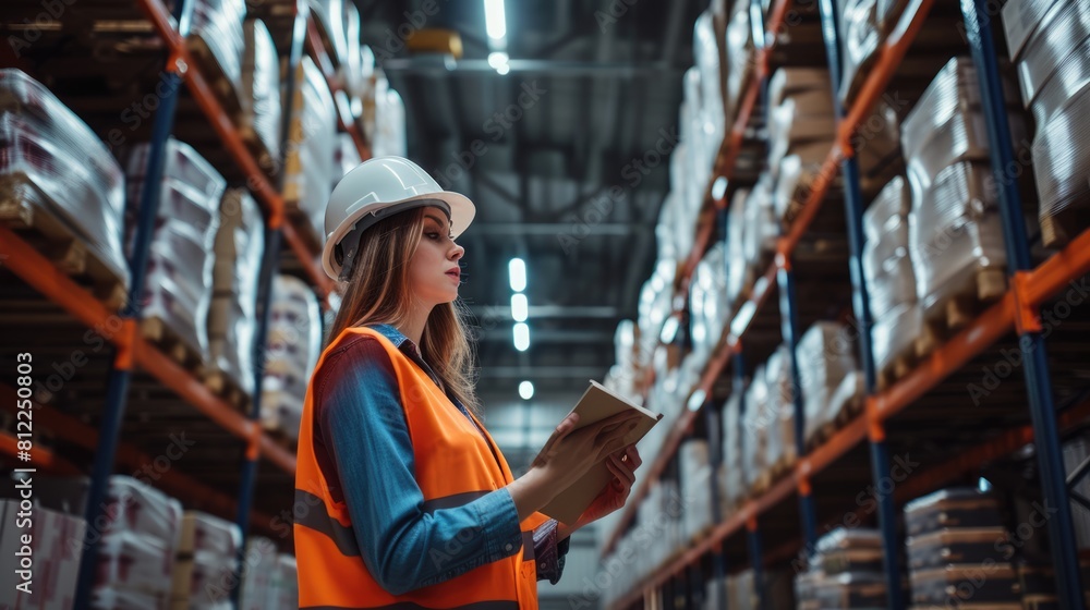 Poster professional warehouse worker checking and inspecting product quality at storage. engineer working a
