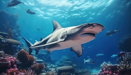 Great White Shark in the ocean, portrait of White shark hunting prey in the underwater