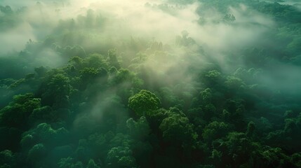 Capture the breathtaking aerial view of a dark green misty landscape in the early morning showcasing a thriving natural ecosystem within a lush and humid forest Embodying the essence of nat
