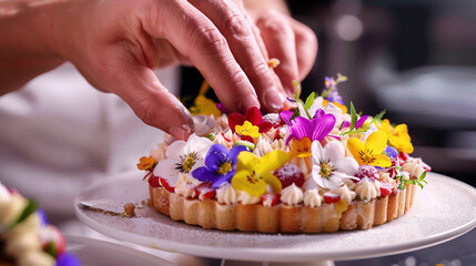 Elevated Elegance: Pastry Chef Adorns Cake with Edible Blossoms