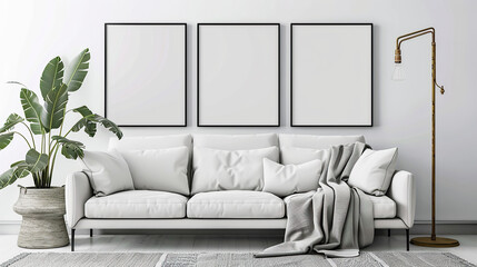 Modern living room with sofa and mockups