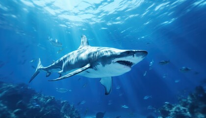 Fototapeta premium Great White Shark in the ocean, portrait of White shark hunting prey in the underwater