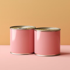 Two cans of pink food are on a table