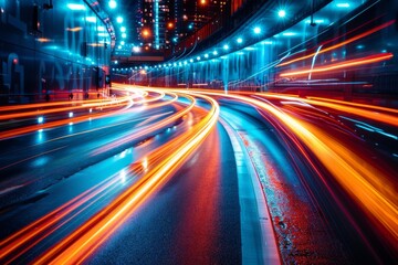 The image showcases a long-exposure shot of colorful traffic lights creating streaks on a city road