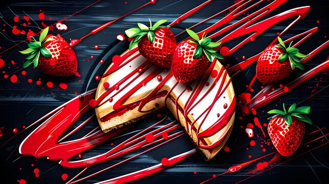 Frische Erbeertorte Wallpaper / Erdbeertorte Poster / Leckere Erdbeer-Torte Illustration / Ki-Ai generiert