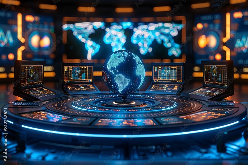 Poster modern holographic globe centered in a room with multiple data screens displaying digital informatio