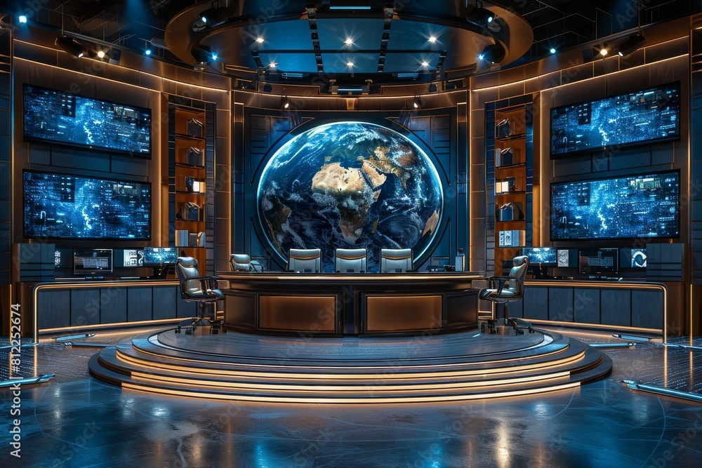 Poster an image showing an advanced command center with multiple screens and a prominent holographic globe