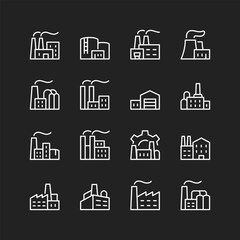 Factory icon set, white on black background. Manufacturing buildings, pipes, warehouses, storage, workshops. Industry. Customizable line thickness