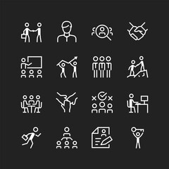 Business people icon set, white lines on black background. Teamwork, HR, job interviews, workplaces. Achieving goals together. Customizable line thickness.