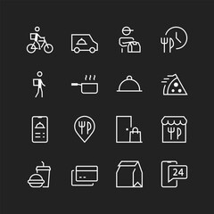 Food delivery icons, white on black background. Order from restaurants, cafes to home and office. Couriers bringing fresh packaged food. Customizable line thickness.