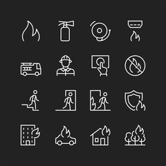 Fire icon set, white lines on black background. Extinguishing, burning, danger prevention and suppression. Firefighters. Customizable line thickness.