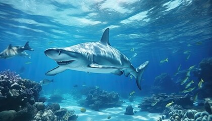 Naklejka premium Great White Shark in the ocean, portrait of White shark hunting prey in the underwater