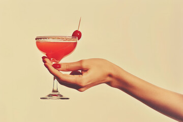 a vintage retro female hand holding a cocktail isolated on a plain background, 1960s and 70s style