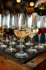 A person pouring wine into a glass on top of several others, AI