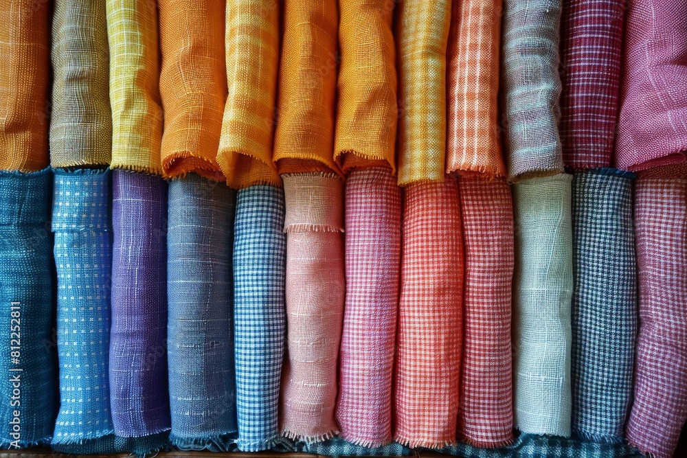Poster rows of colorful textiles neatly stacked on a shelf, showcasing a variety of patterns and hues in a 