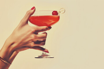 a vintage retro female hand holding a cocktail isolated on a plain background, 1960s and 70s style