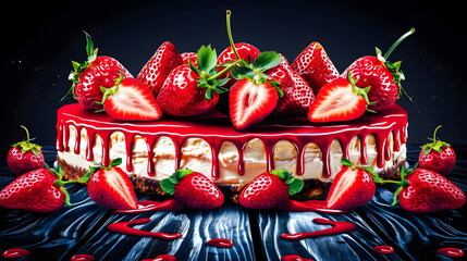 Erdbeertorte mit frischen Erdbeeren / Erdbeertorte Wallpaper / Frische Erdbeertorte Poster / Erdbeer-Torte Illustration / Ai-Ki generiert