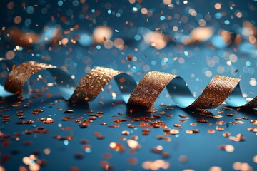 Golden, shimmering ribbons curl elegantly among falling confetti on a vibrant blue background, feeling festive and celebratory