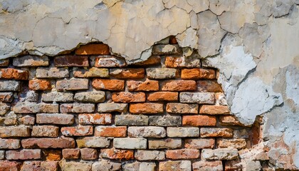 old brick wall with traces of old plaster ruined surface